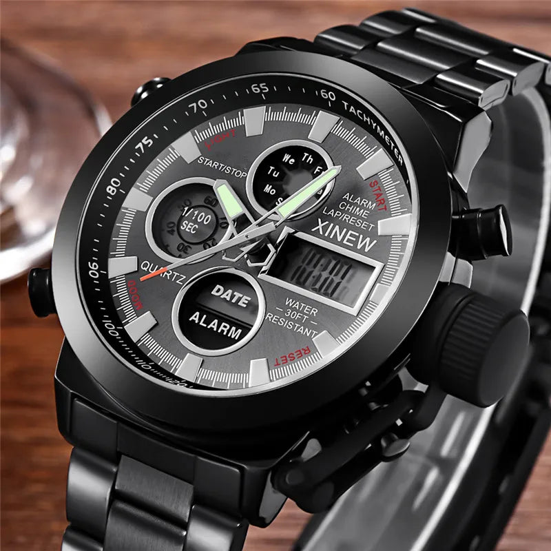 Montre Homme Men Original XINEW Brand Watches Fashion Casual Alloy Band Dual Time Electronic Watch Black Relogio Masculino 2024