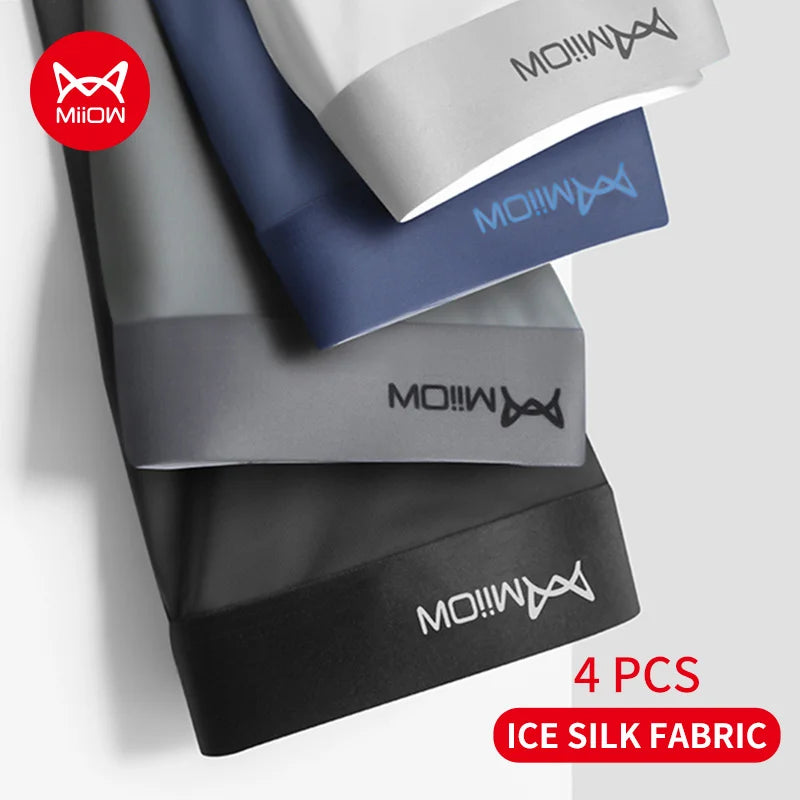 MiiOW 4Pcs Men Boxer Shorts Graphene Antibacterial Ice Silk Men Underwear Man Underpants Seamless Breathable Mens Panties L-5XL