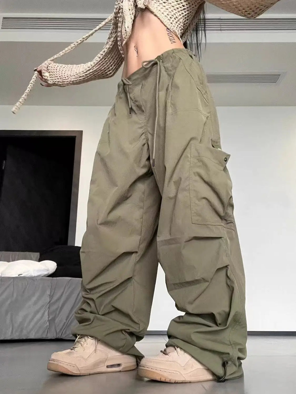 American Vintage Loose Cargo Pants Women Casual Street Personality Women's Cargo Pants Drawstring Design New Spring Trousers