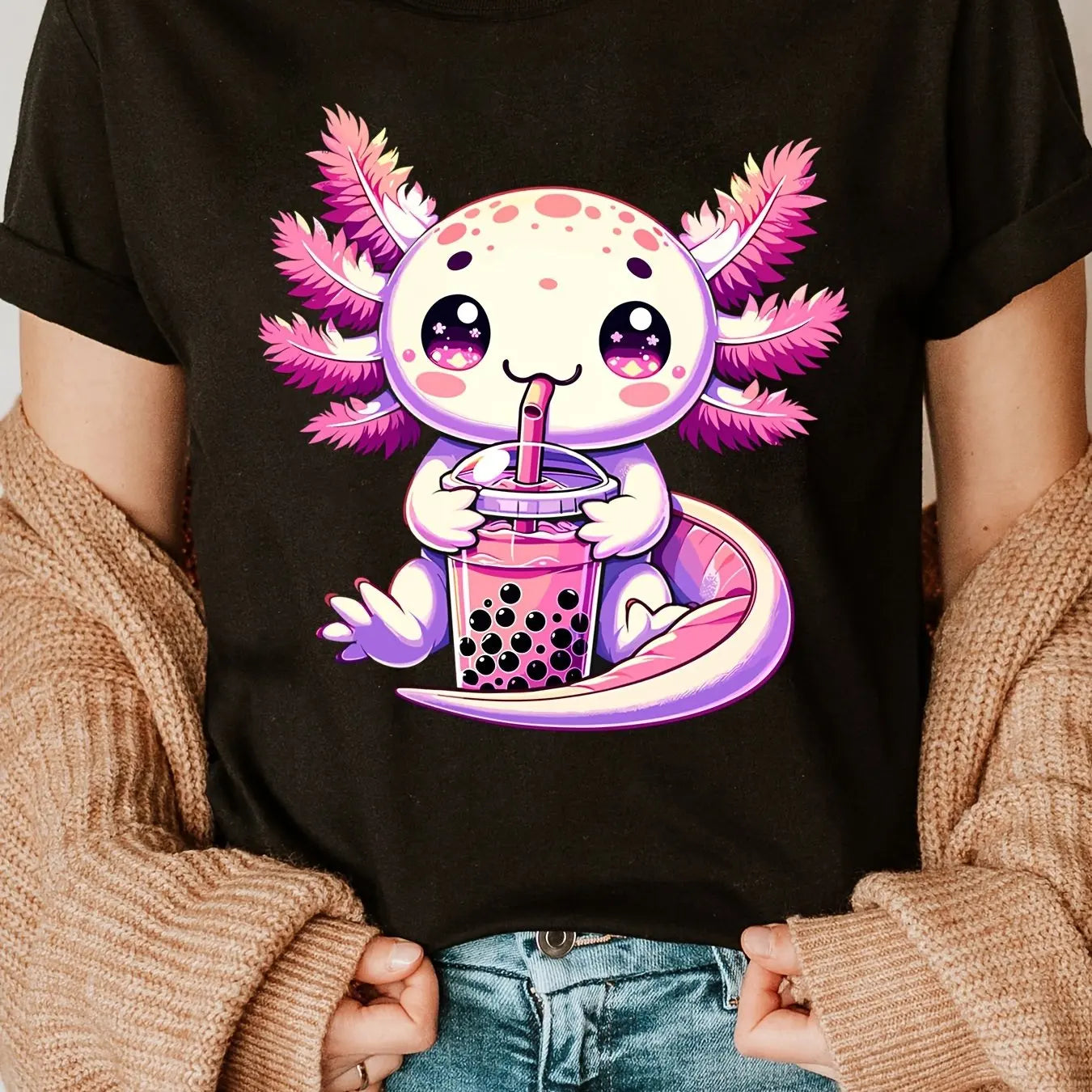 Axolotl Print Crew Neck T-shirt Short Sleeve Casual Top for Summer & Spring Women's Clothing Spring Women's Clothing