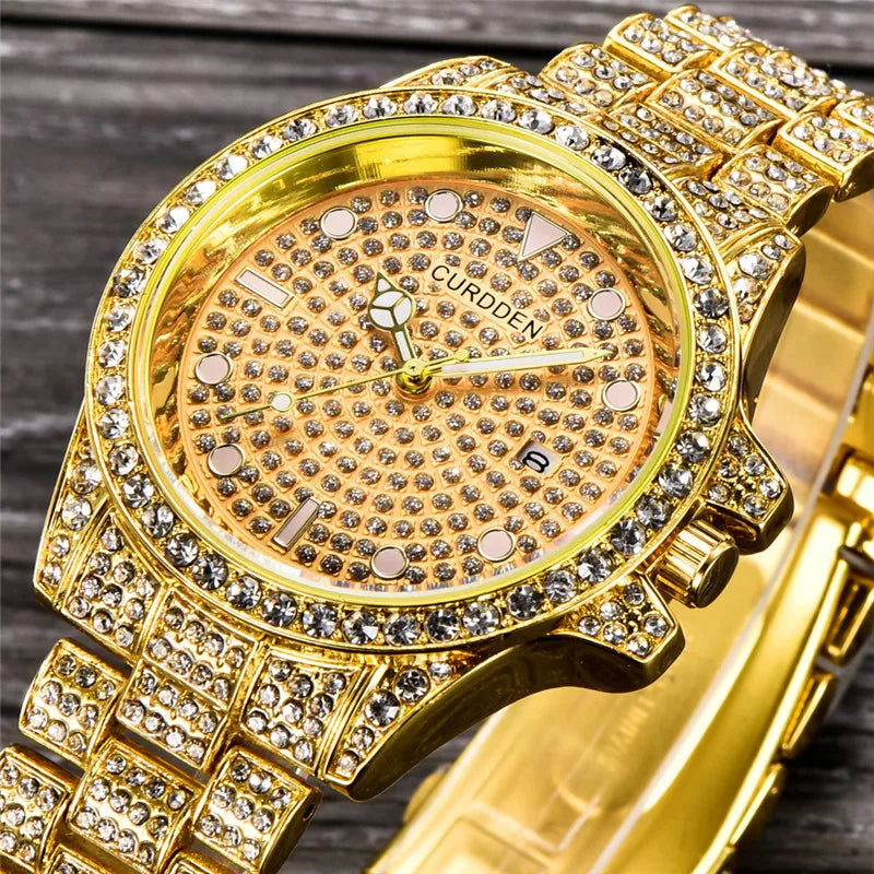 Montre Homme Men Famous Brand Watches Hip Hop Diamond Fashion Casual Golden Luxury Date Quartz Vintage Watch Silver Reloj Hombre