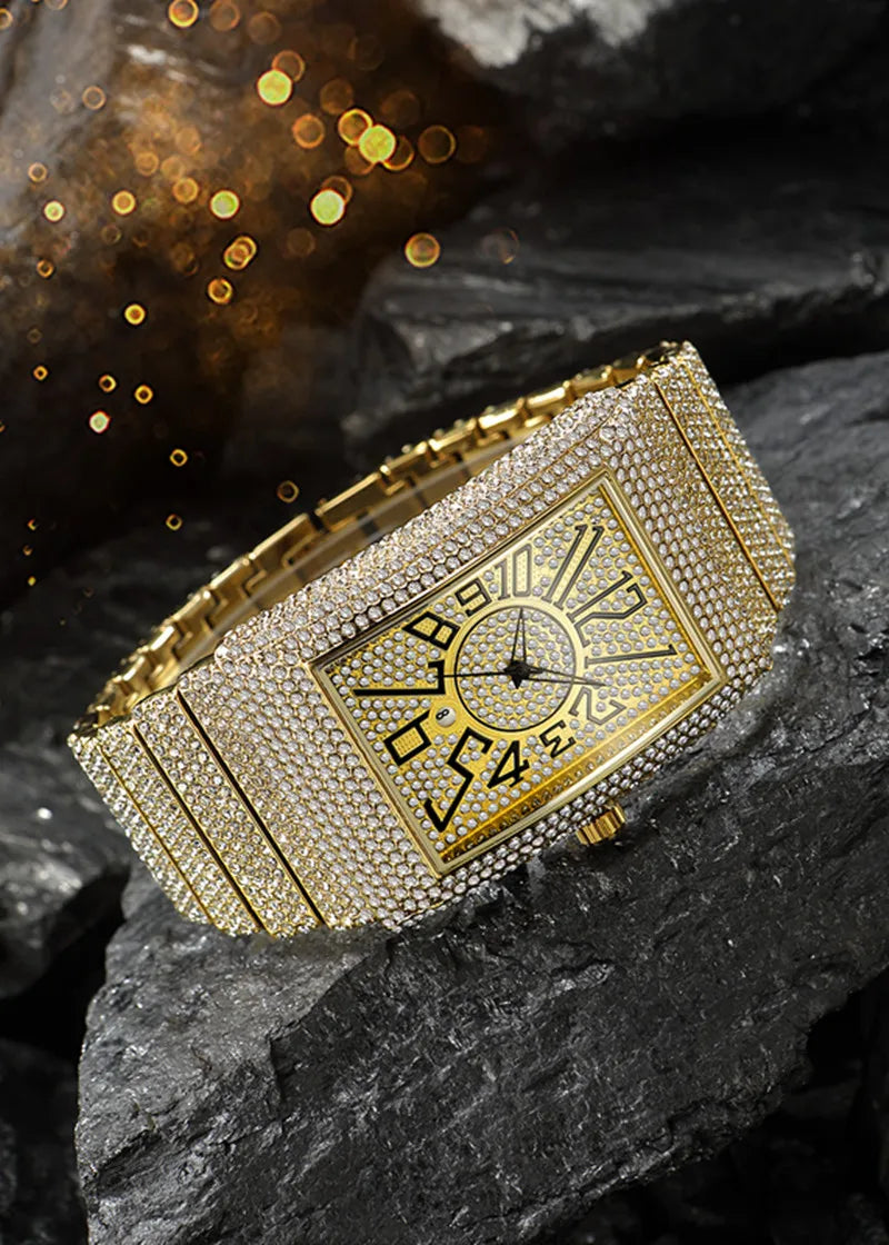 Montre Homme Big Brand Rectangle Men Watches Silver Fashion Casual Alloy Band Hip Hop Diamond Golden Luxury Date Quartz Watch DZ