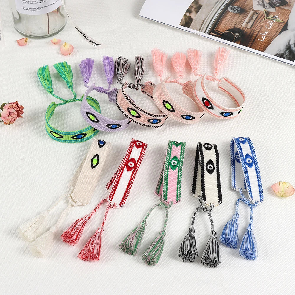 Woven Bracelets Evil Eyes Stackable Wrap Fabric Bracelets