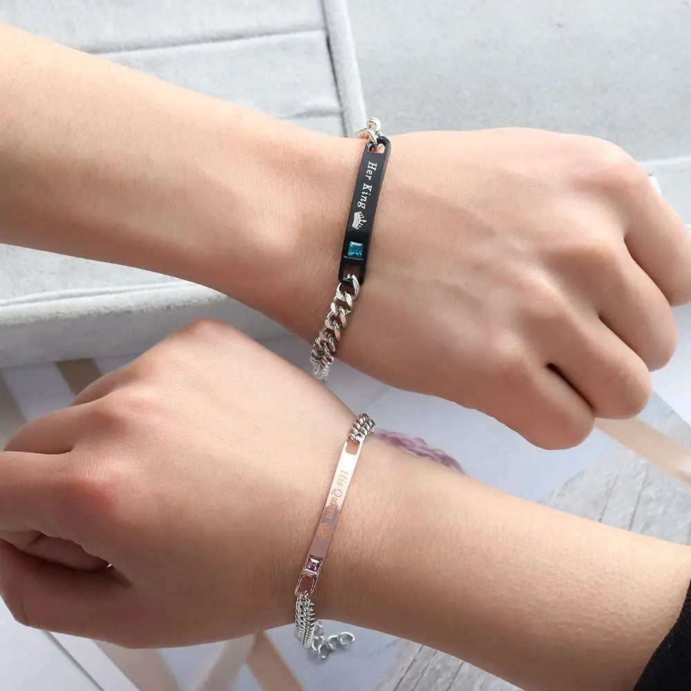 Couple Bracelets Stainless Steel Love Bangle Her King His Queen Bracelets Crystal Crown Bracelets Women's Bracelets