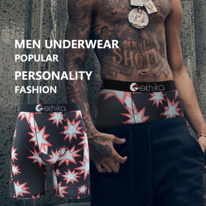 ETHIKA 1Pcs Men Underwear Boxers Breathable Mesh Crotch Man Underpants Mens Panties Plus Size Printed Men's Boxershorts Trunks