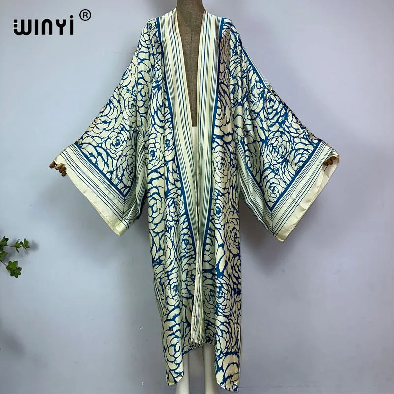 WINYI kimono Africa summer boho print Bikini Cover-up Elegant fashion Cardigan sexy Holiday long Sleeve silk feeling maxi dress