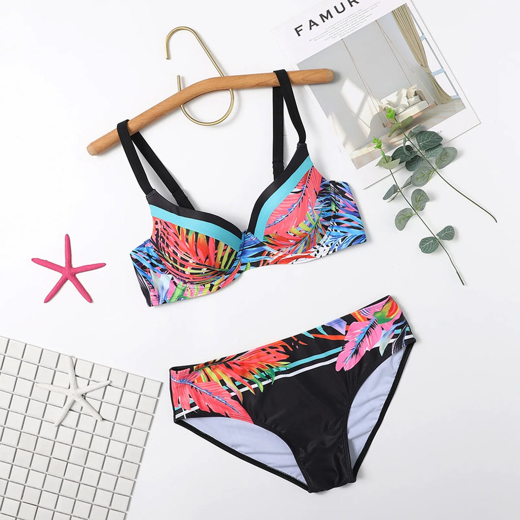 Sexy Print Split Swimsuit Fashion Steel Support Separate Two-Piece Bikini Sets Beach Pool Bather Holiday Back Buckle Swimwears