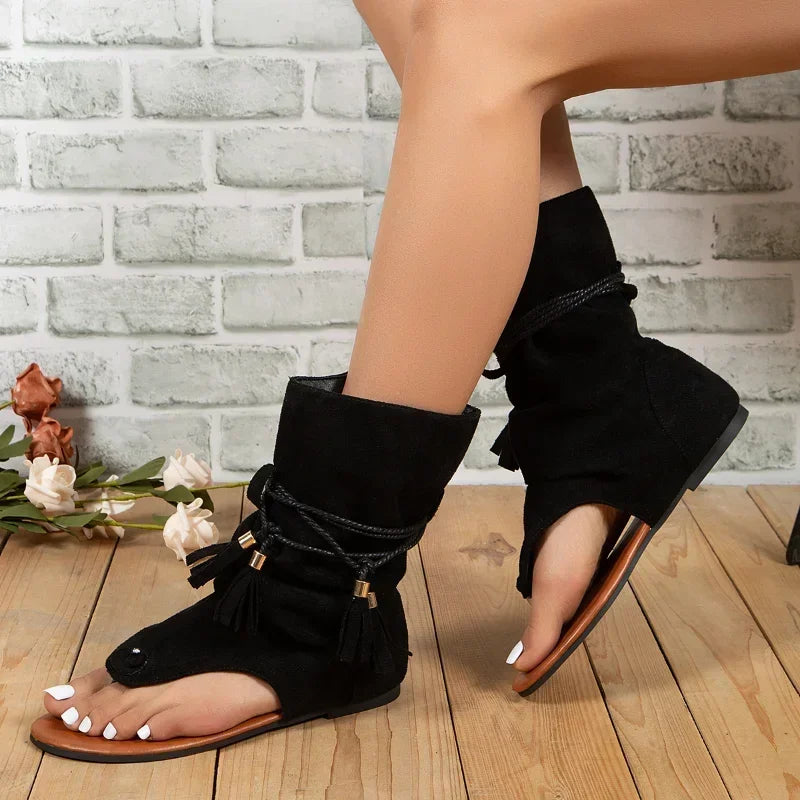 Women Summer Boots Open Toe Flat Tassel Design Sandals  Roman Sandal Elegant Shoes Plus Size 35-43 Sandalias Mujer 2024