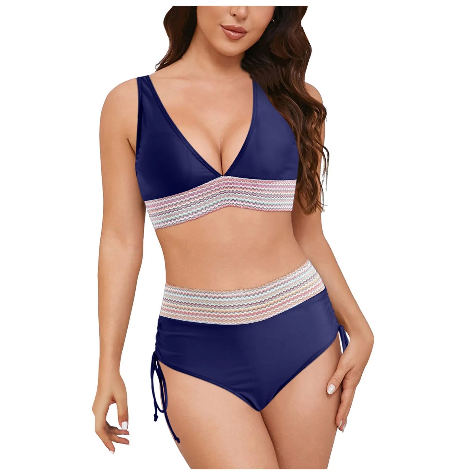 Swimwear Plus Size Women Women High Waisted Bikini Sets Swimsuits Color Block Two Piece Drawstring купальники жіночий 2025