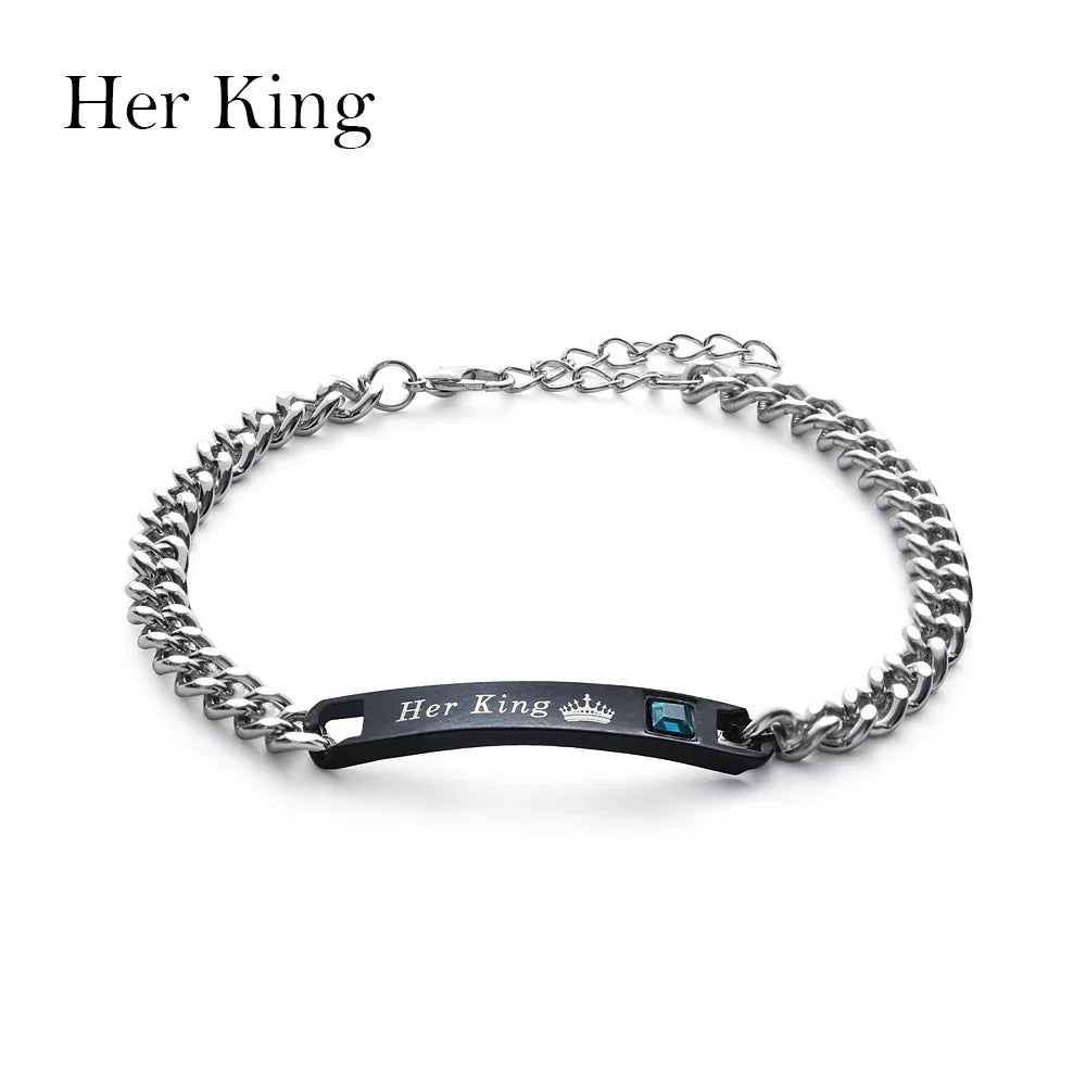 Couple Bracelets Stainless Steel Love Bangle Her King His Queen Bracelets Crystal Crown Bracelets Women's Bracelets