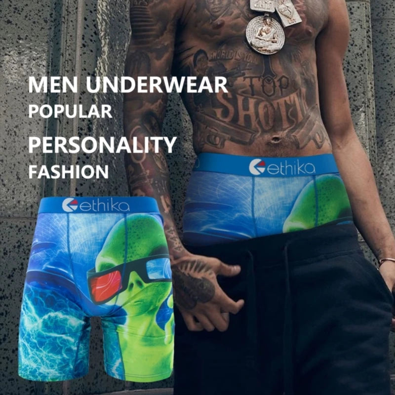 ETHIKA 1Pcs Men Underwear Boxers Breathable Mesh Crotch Man Underpants Mens Panties Plus Size Printed Men's Boxershorts Trunks