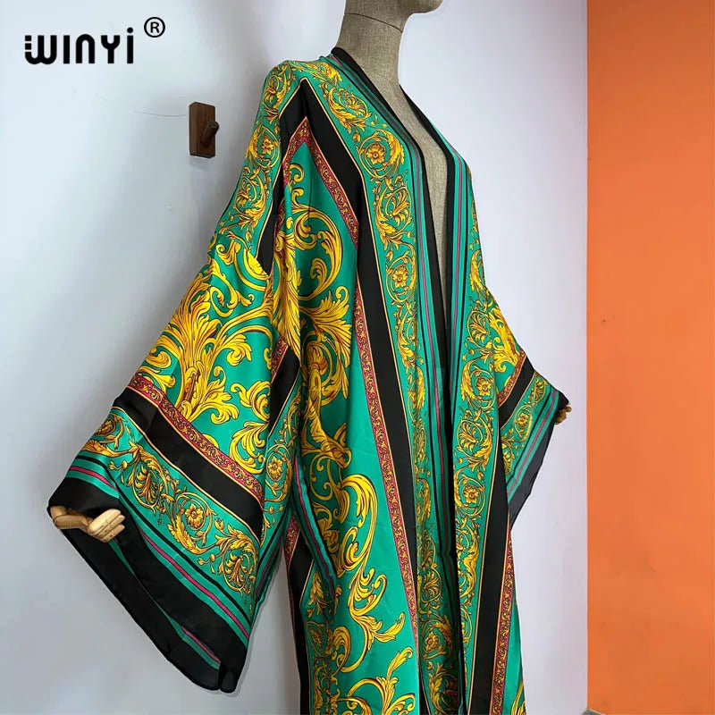 WINYI kimono Africa summer boho print Bikini Cover-up Elegant fashion Cardigan sexy Holiday long Sleeve silk feeling maxi dress