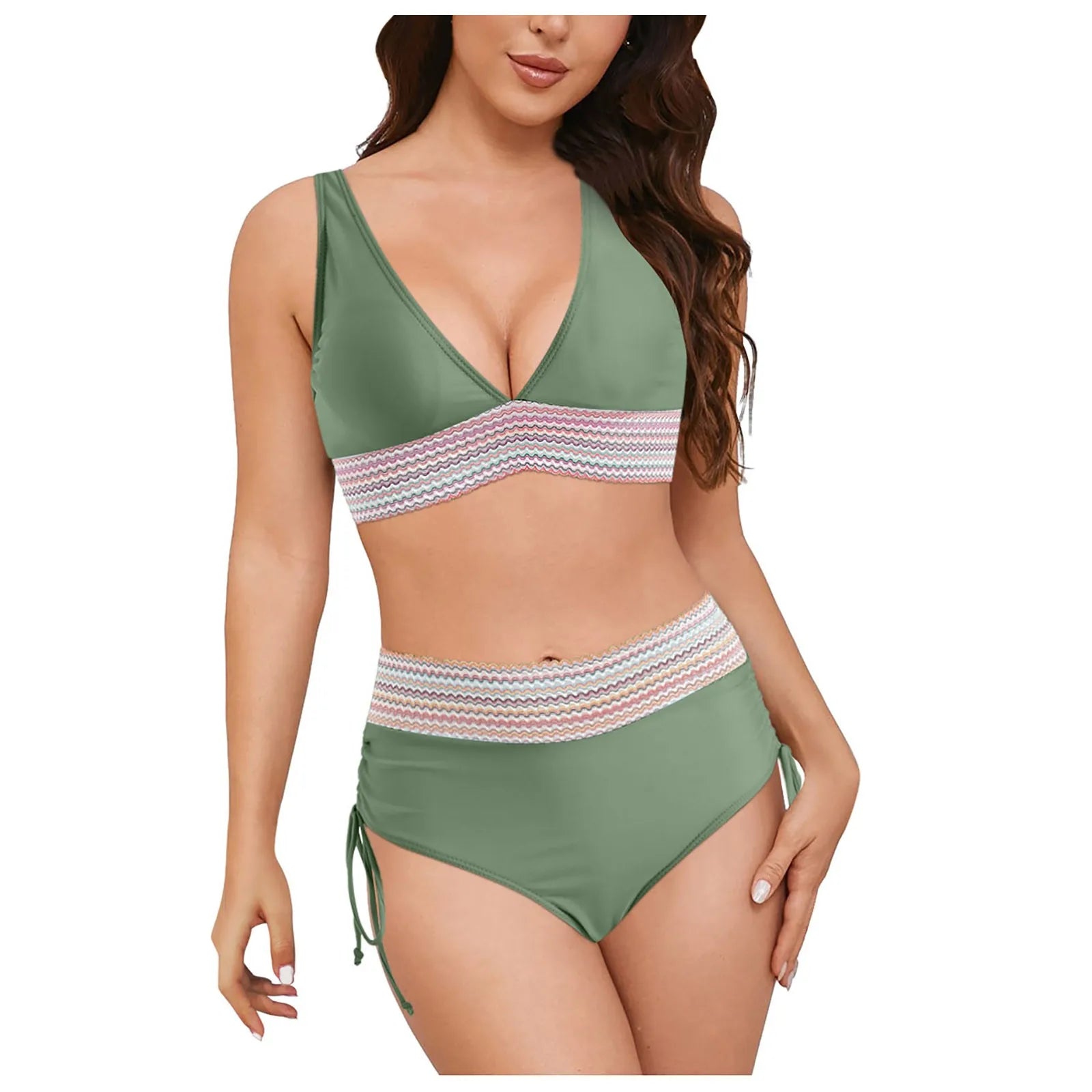 Swimwear Plus Size Women Women High Waisted Bikini Sets Swimsuits Color Block Two Piece Drawstring купальники жіночий 2025