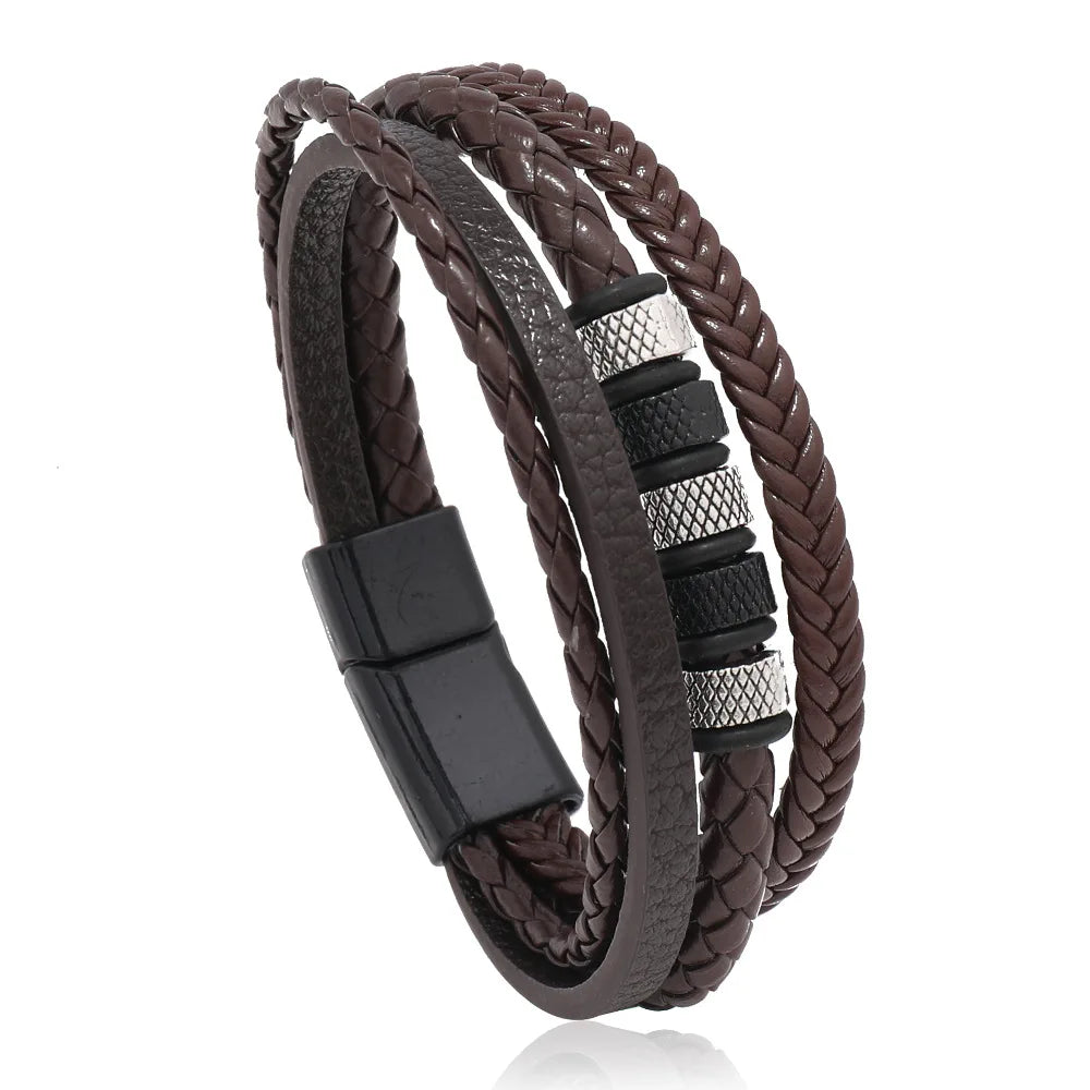 Trendy  Leather Bracelets Men Stainless Steel Multilayer Braided Rope Bracelets For Male Bracelets Jewelry Pulsera Hombre