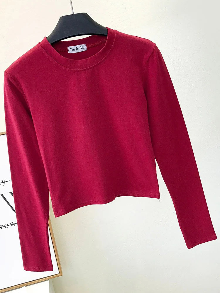 Sexy Black  Women's Clothing O-Neck Long Sleeve Navel Autumn Base Women's Clothing Fashion Casual Ropa Mujer