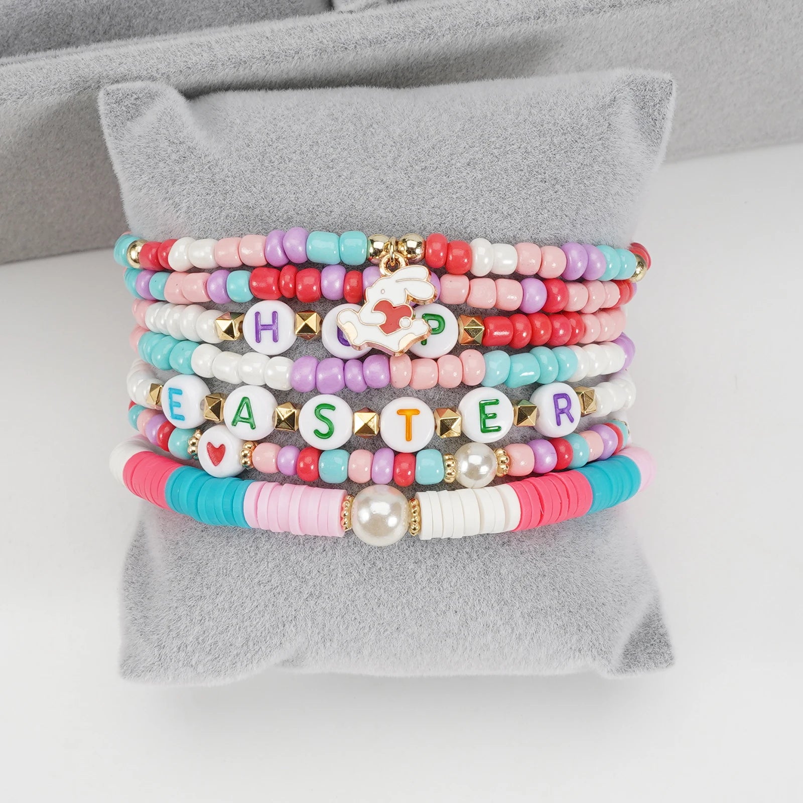 Easter Bracelets Set Colorful Stackable clay Beaded Stretch Bracelets Boho Vinyl Disc Bracelets for Women