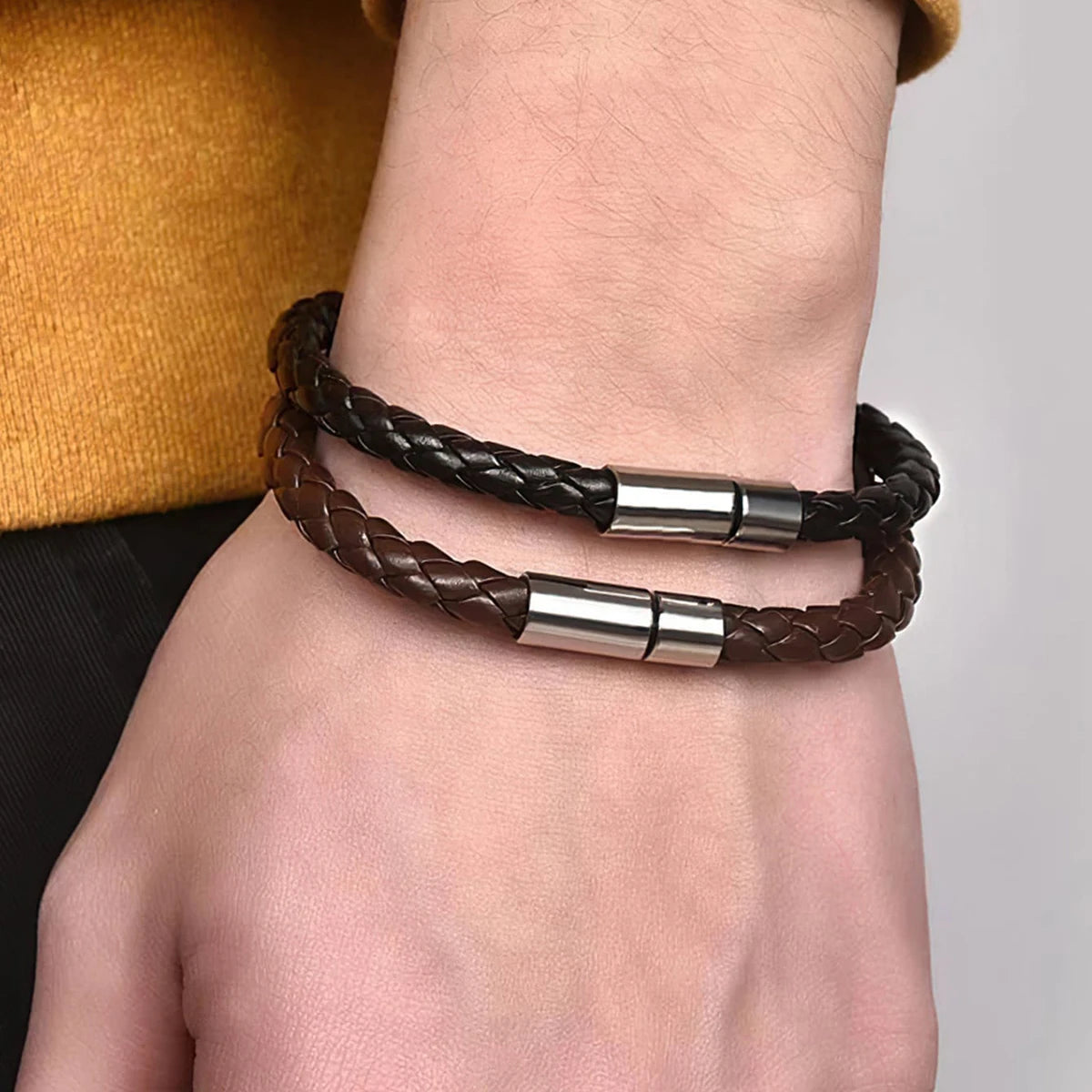 2PCS Brown Black Two Magnetic Fastening Leather Bracelets, Men's Bracelets, Men's Bracelets