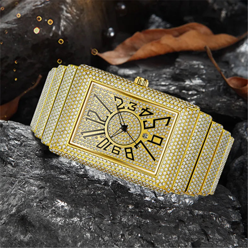 Montre Homme Big Brand Rectangle Men Watches Silver Fashion Casual Alloy Band Hip Hop Diamond Golden Luxury Date Quartz Watch DZ