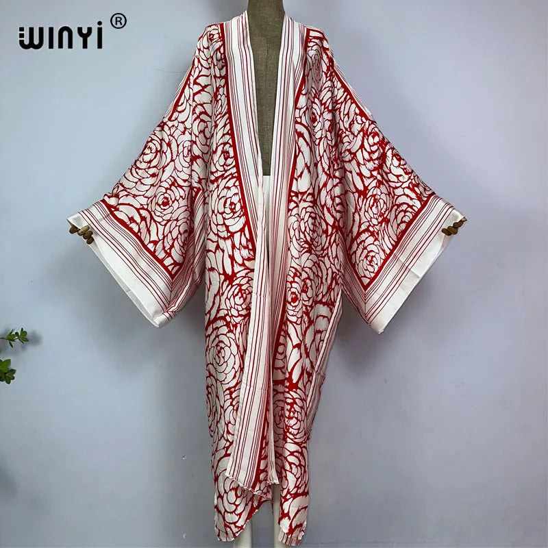 WINYI kimono Africa summer boho print Bikini Cover-up Elegant fashion Cardigan sexy Holiday long Sleeve silk feeling maxi dress