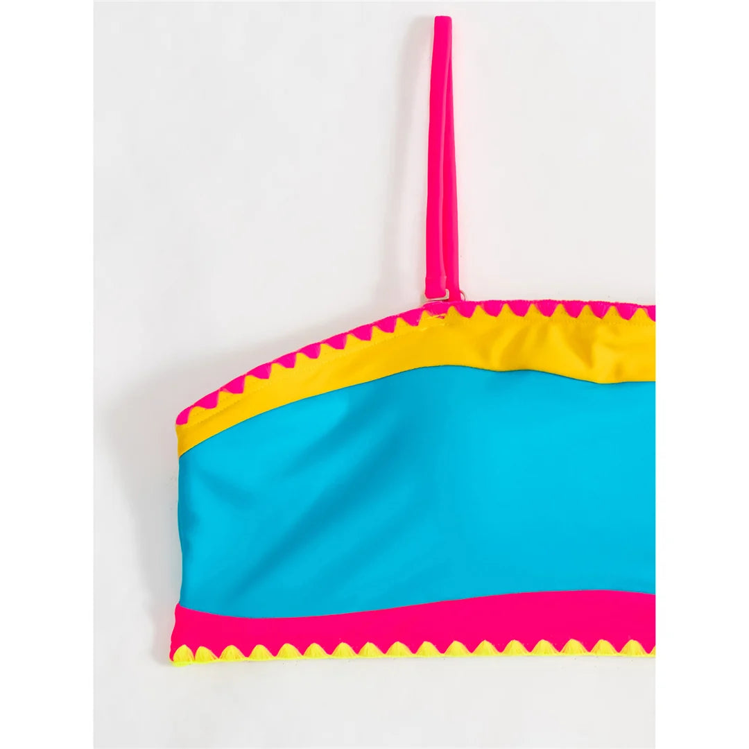 Splicing Colorful High Cut Mid Waist Bikini Female Swimsuit Women Swimwear Two-pieces Bikini set Bather Bathing Suit Swim V5996