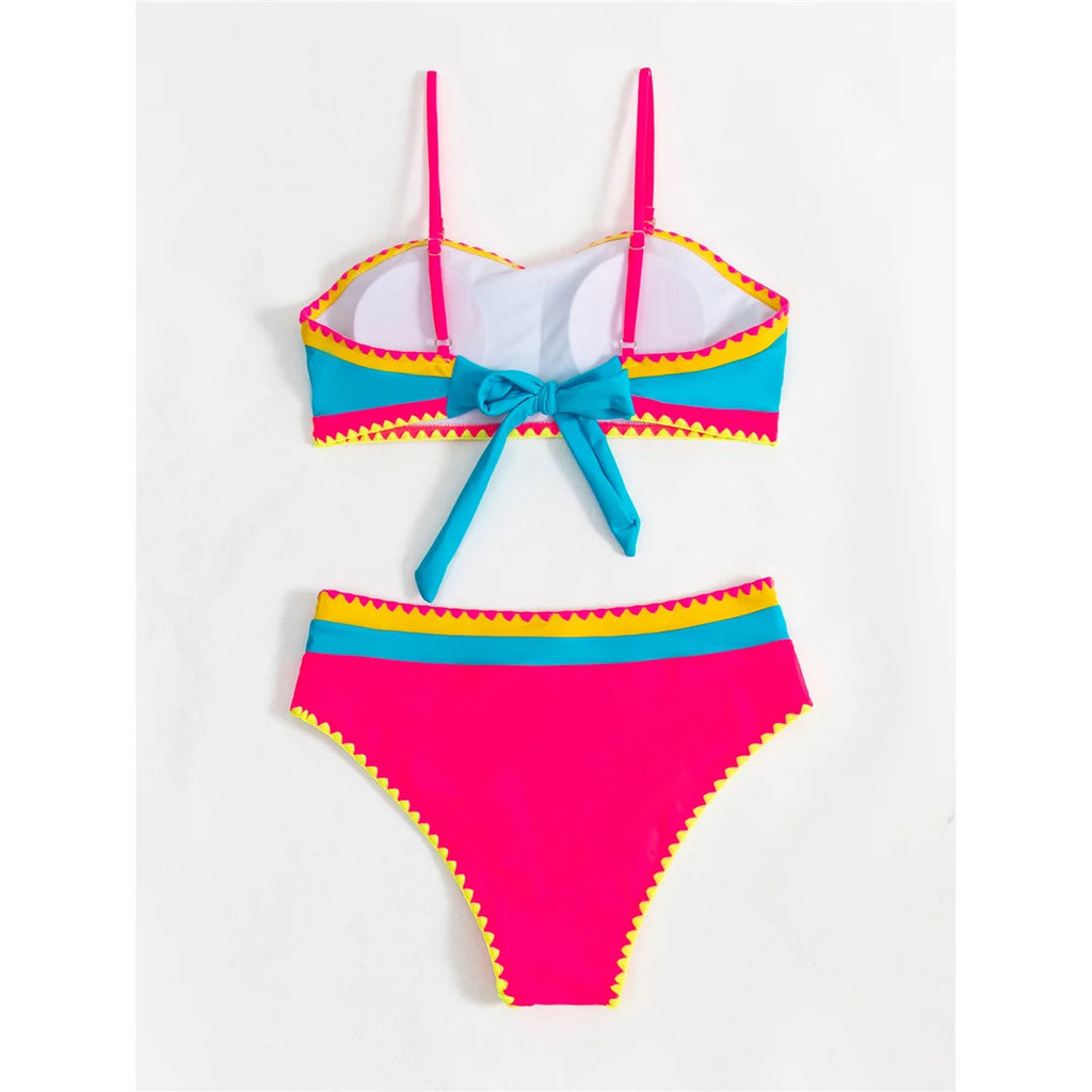 Splicing Colorful High Cut Mid Waist Bikini Female Swimsuit Women Swimwear Two-pieces Bikini set Bather Bathing Suit Swim V5996
