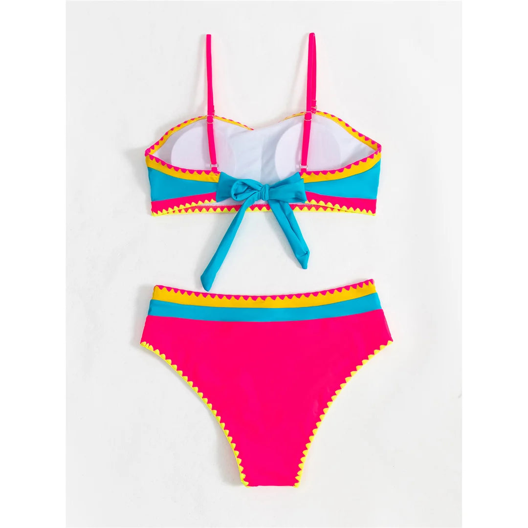 Splicing Colorful High Cut Mid Waist Bikini Female Swimsuit Women Swimwear Two-pieces Bikini set Bather Bathing Suit Swim V5996