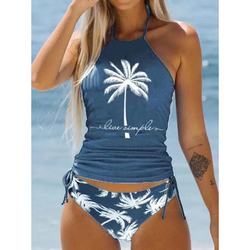Bikinis Set Tied Halter Swimsuit Women Swimwear Biquinis Backless Beach Bathing Suit Drawstring Side Halter Neck Tankini Set