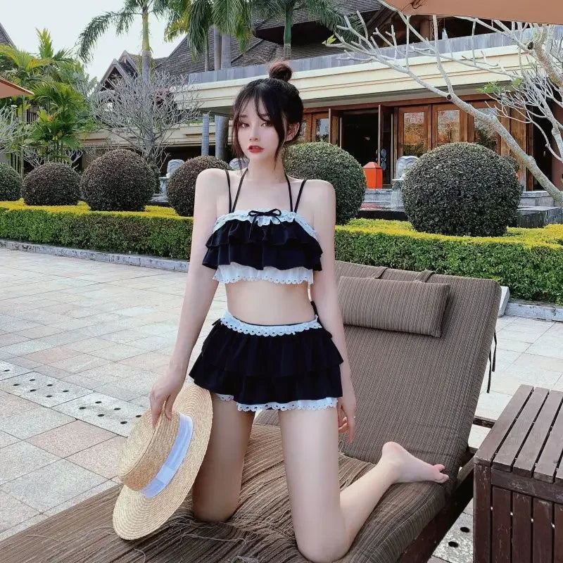 Bikini Sets Women Kawaii Girlish Leisure Beachwear Patchwork Sexy Ruffles Japan Style Summer Students Young Stylish Chic Mujer
