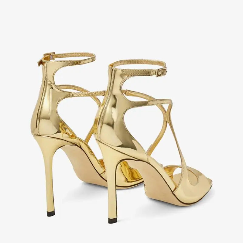 Patent Leather Solid Color Square Toe Thin Heels Hollow Ankle Strap Sandals Super High Heel Open Toe Outdoor Casual Women Sandal