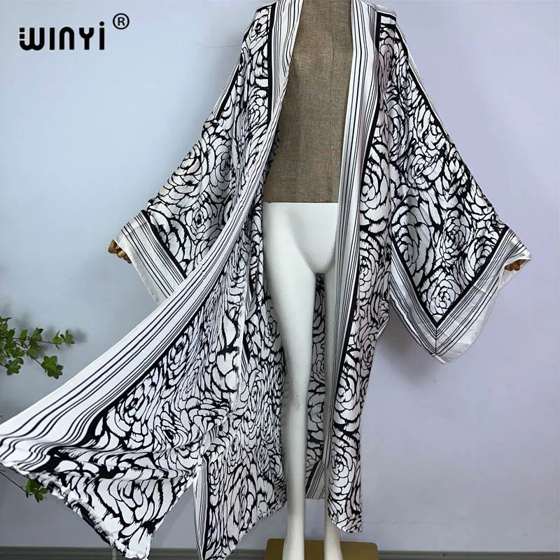 WINYI kimono Africa summer boho print Bikini Cover-up Elegant fashion Cardigan sexy Holiday long Sleeve silk feeling maxi dress
