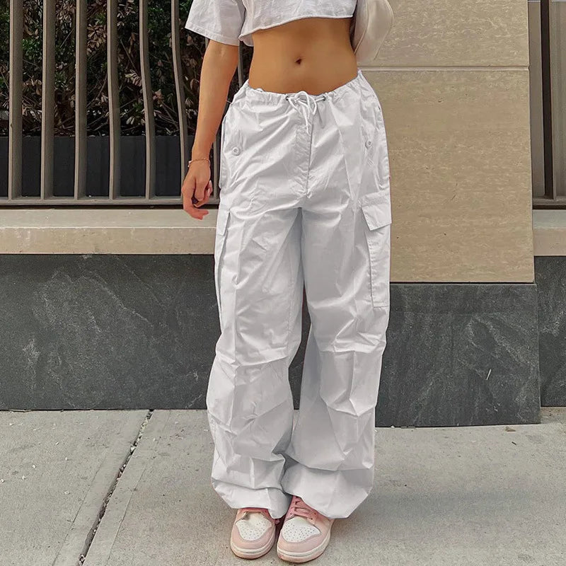 Women Cargo Pants Spring New Streetwear Solid Fashion Pockets Drawstring Trousers Casual Slim Versatile Knitted Lady Cargo Pants