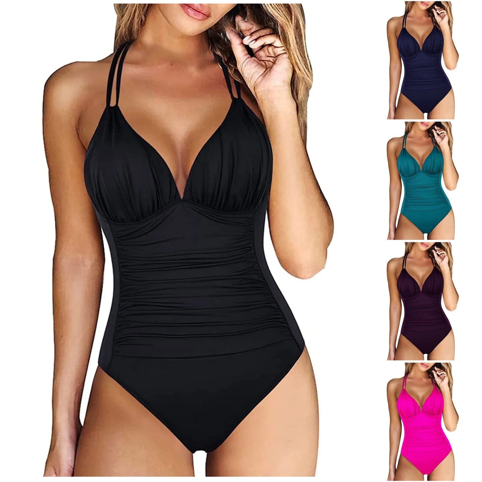 Bikinis Mujer Women's One-piece With Chest Pad Without Steel Bra Swimsuit Solid Color Swimsuit купальники женские