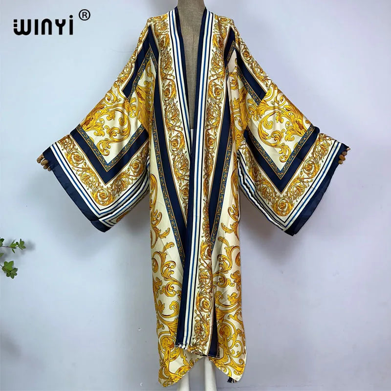 WINYI kimono Africa summer boho print Bikini Cover-up Elegant fashion Cardigan sexy Holiday long Sleeve silk feeling maxi dress
