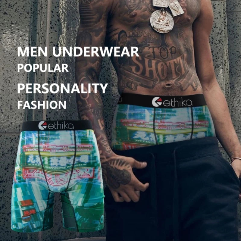 ETHIKA 1Pcs Men Underwear Boxers Breathable Mesh Crotch Man Underpants Mens Panties Plus Size Printed Men's Boxershorts Trunks