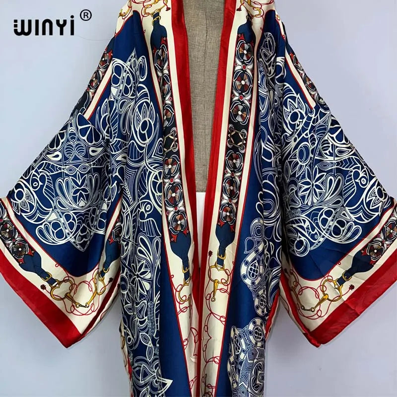 WINYI kimono Africa summer boho print Bikini Cover-up Elegant fashion Cardigan sexy Holiday long Sleeve silk feeling maxi dress