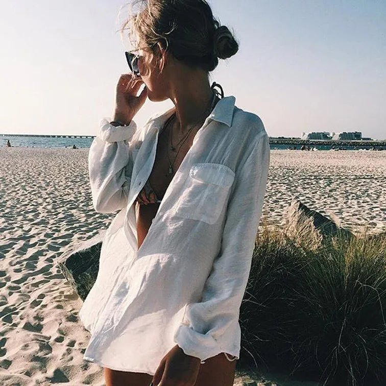 Bikini Cover Up Women Beach Shirts Candy Colors Swimsuit Cape 2024 New Summer Long Sleeve Tunic Swimwear Outfits