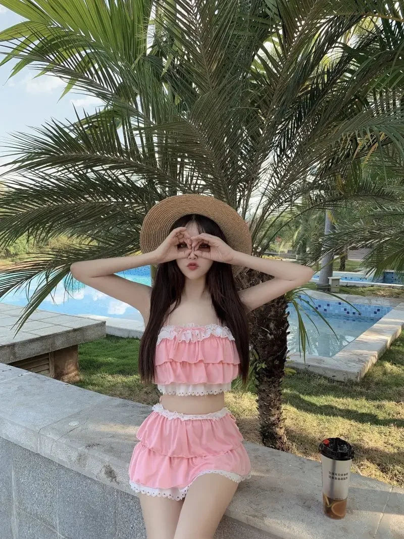 Bikini Sets Women Kawaii Girlish Leisure Beachwear Patchwork Sexy Ruffles Japan Style Summer Students Young Stylish Chic Mujer