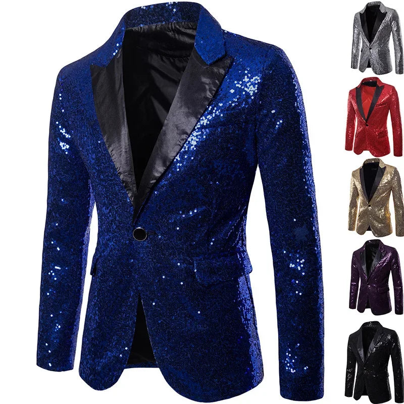 Nightclub Men's Clothing Long Sleeve Sequined Blazer Jacket Single Button Solid Color