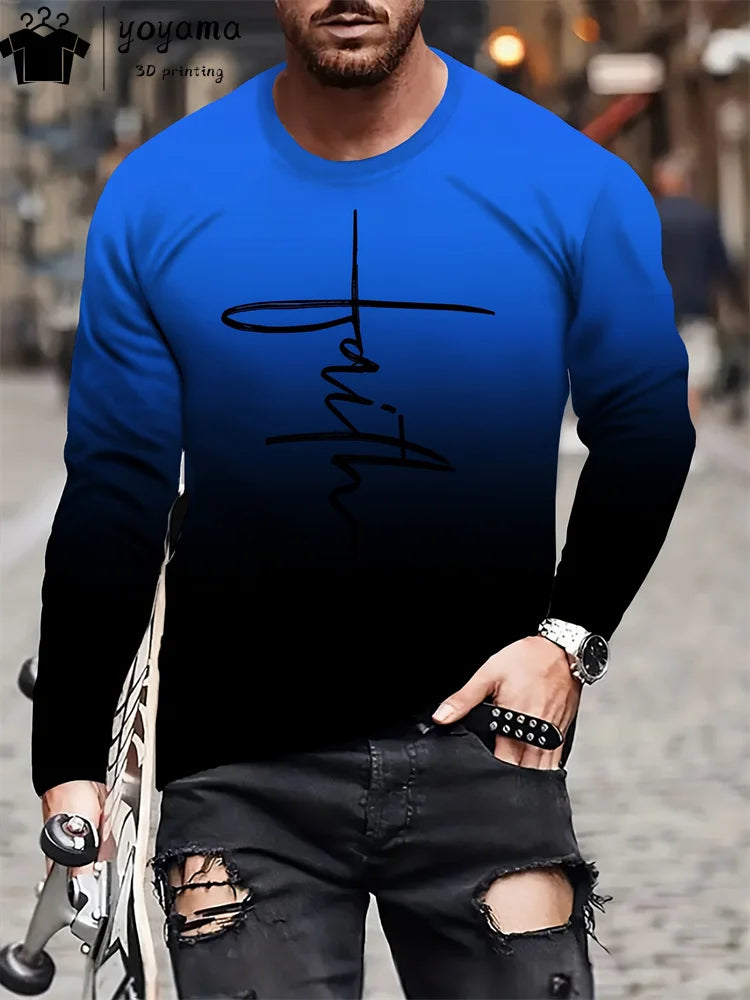 Simple Alphabet Print Men's Clothing Round Neck Men's Long Sleeve T-shirts for Men Harajuku T shirt Men Gradient Men's Clothing