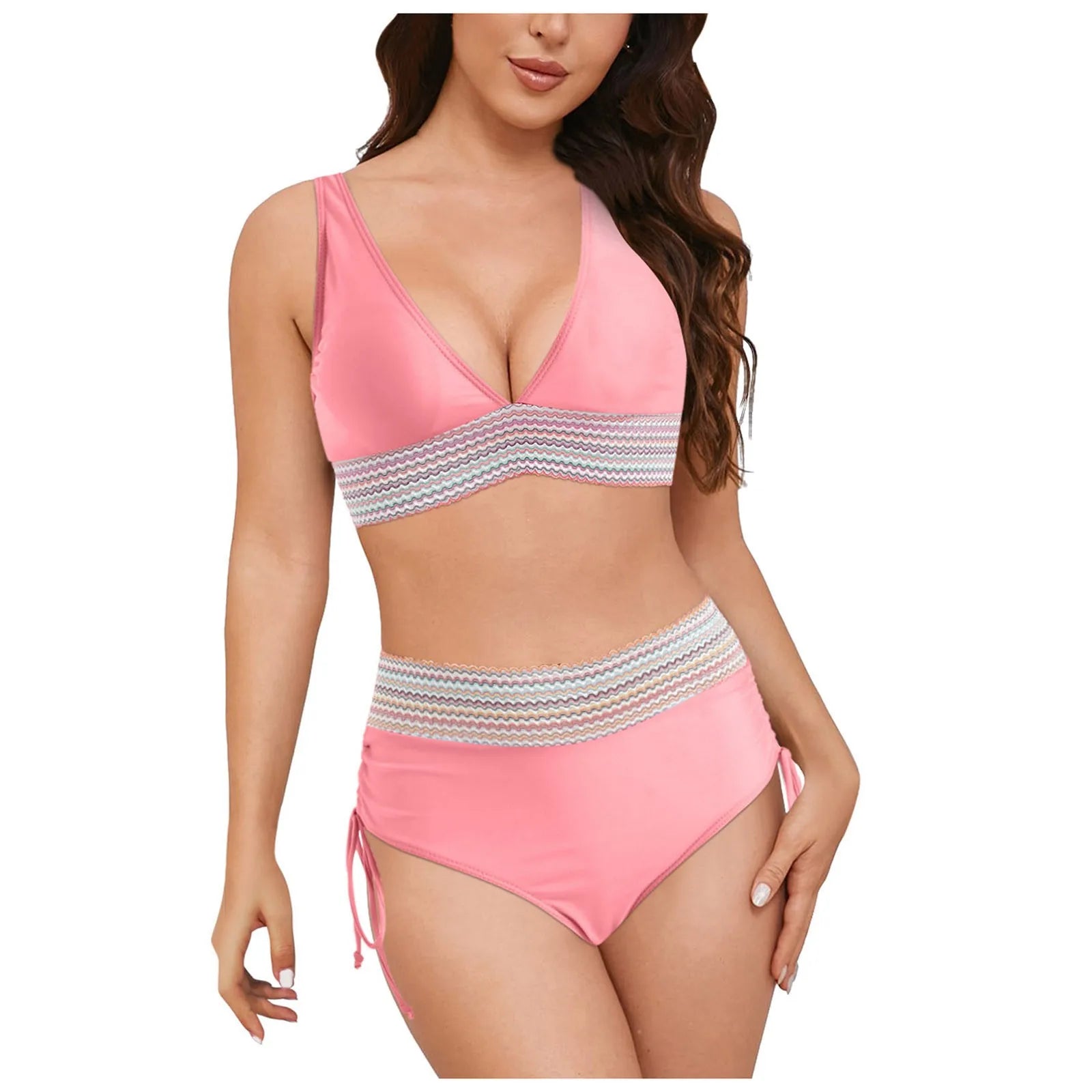 Swimwear Plus Size Women Women High Waisted Bikini Sets Swimsuits Color Block Two Piece Drawstring купальники жіночий 2025