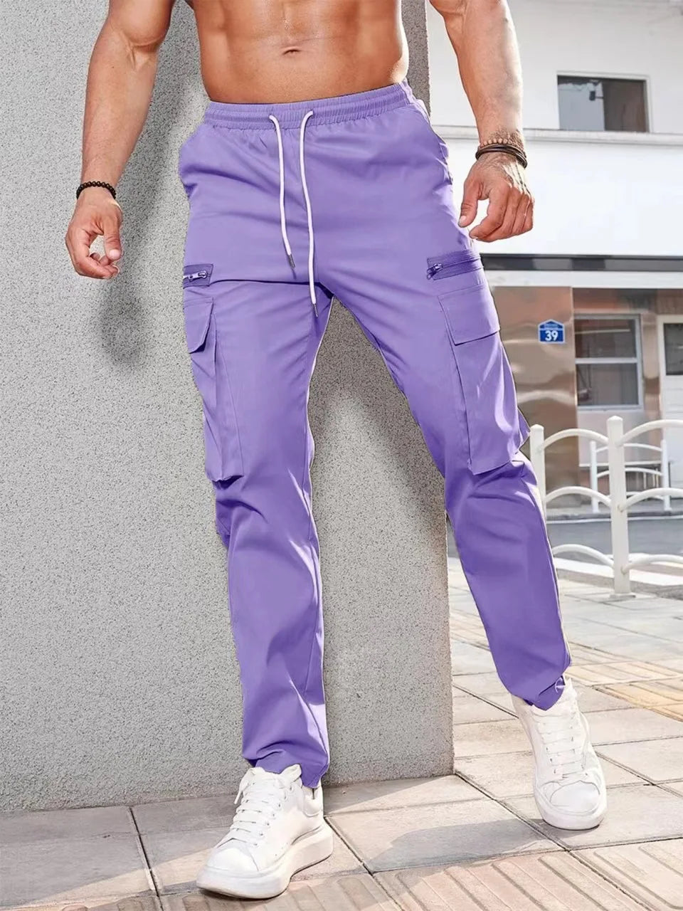 Jogger Casual Sports Zipper Decorated Cargo Pants Waist Pull Rope Men's Plus-size Braided Solid Color Zipper Cargo Pants
