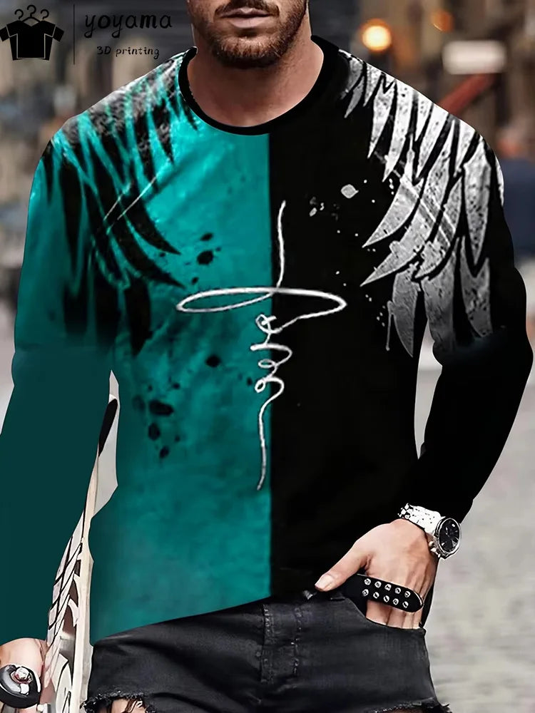 Simple Alphabet Print Men's Clothing Round Neck Men's Long Sleeve T-shirts for Men Harajuku T shirt Men Gradient Men's Clothing