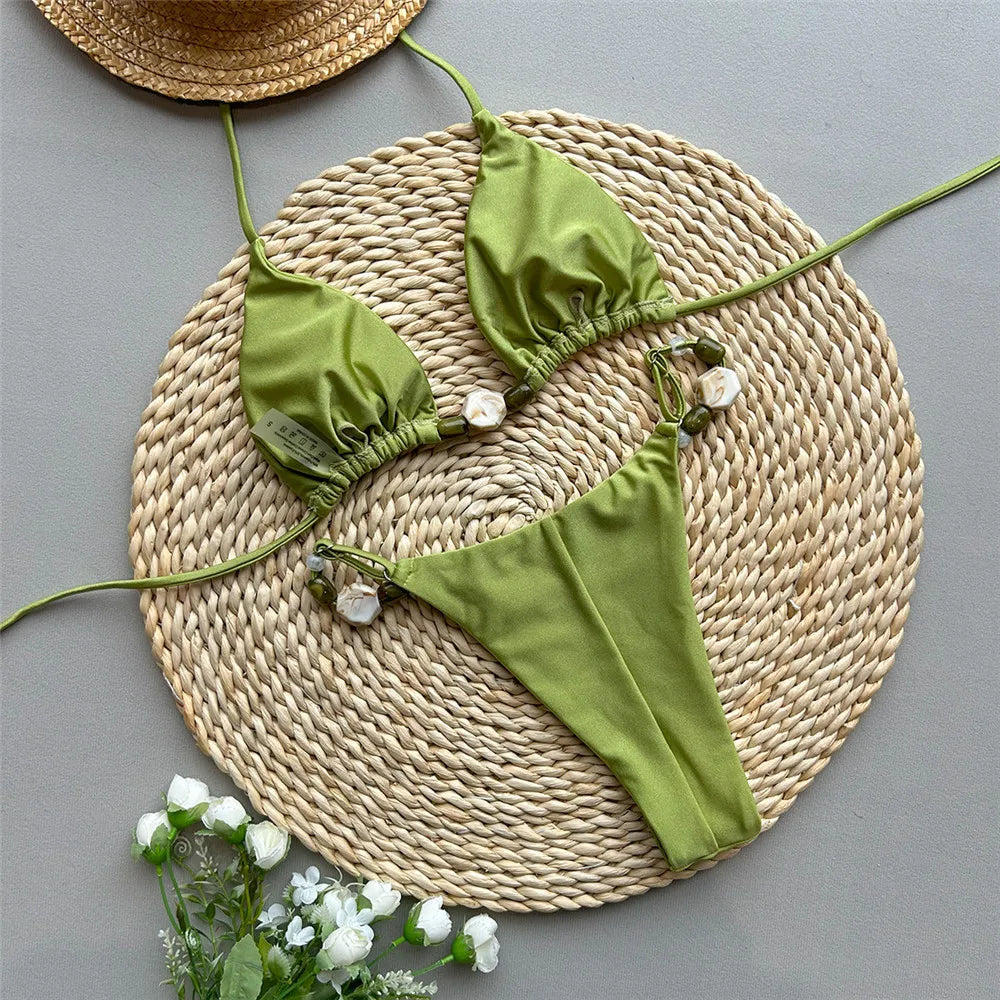 Solid Green Swimwears Sexy Halter Triangle Bead String Bikini Mini Micro Thong Swimsuit Woman 2025 Summer Brazilian Bikinis Sets
