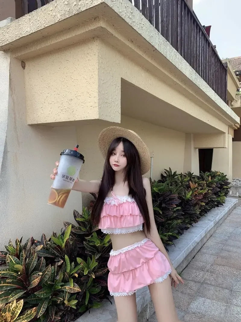 Bikini Sets Women Kawaii Girlish Leisure Beachwear Patchwork Sexy Ruffles Japan Style Summer Students Young Stylish Chic Mujer