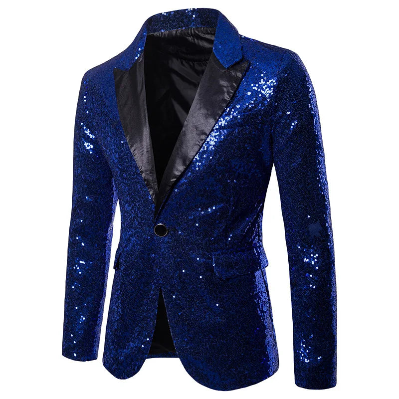 Nightclub Men's Clothing Long Sleeve Sequined Blazer Jacket Single Button Solid Color