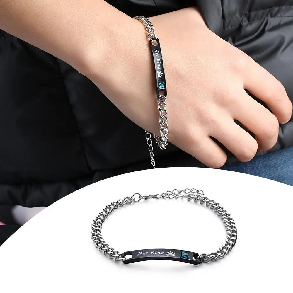 Couple Bracelets Stainless Steel Love Bangle Her King His Queen Bracelets Crystal Crown Bracelets Women's Bracelets