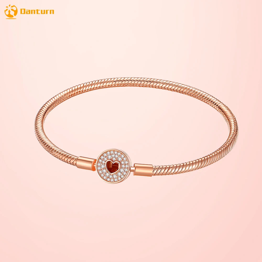 Danturn 925 Sterling Silver Bracelets Rose Gold Pavé & Heart Clasp Snake Chain Bracelets Fashion Bracelets Women Charm Bracelets