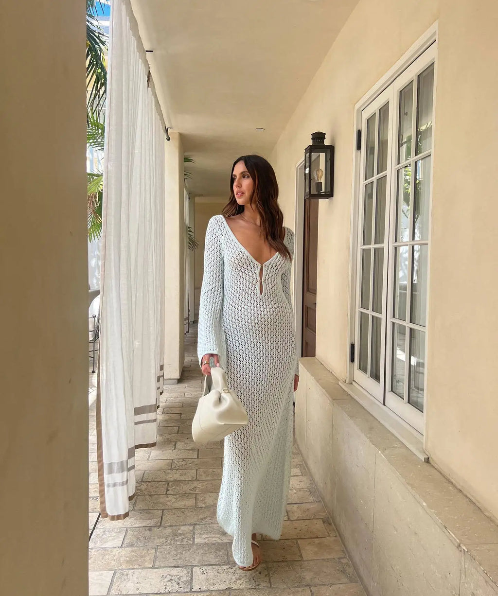 Sexy Women Long Knit Beach Dress Hollow-Out Deep V-Neck Long Sleeve Bikini Cover-Ups Dress Fall Backless Holiday Dress