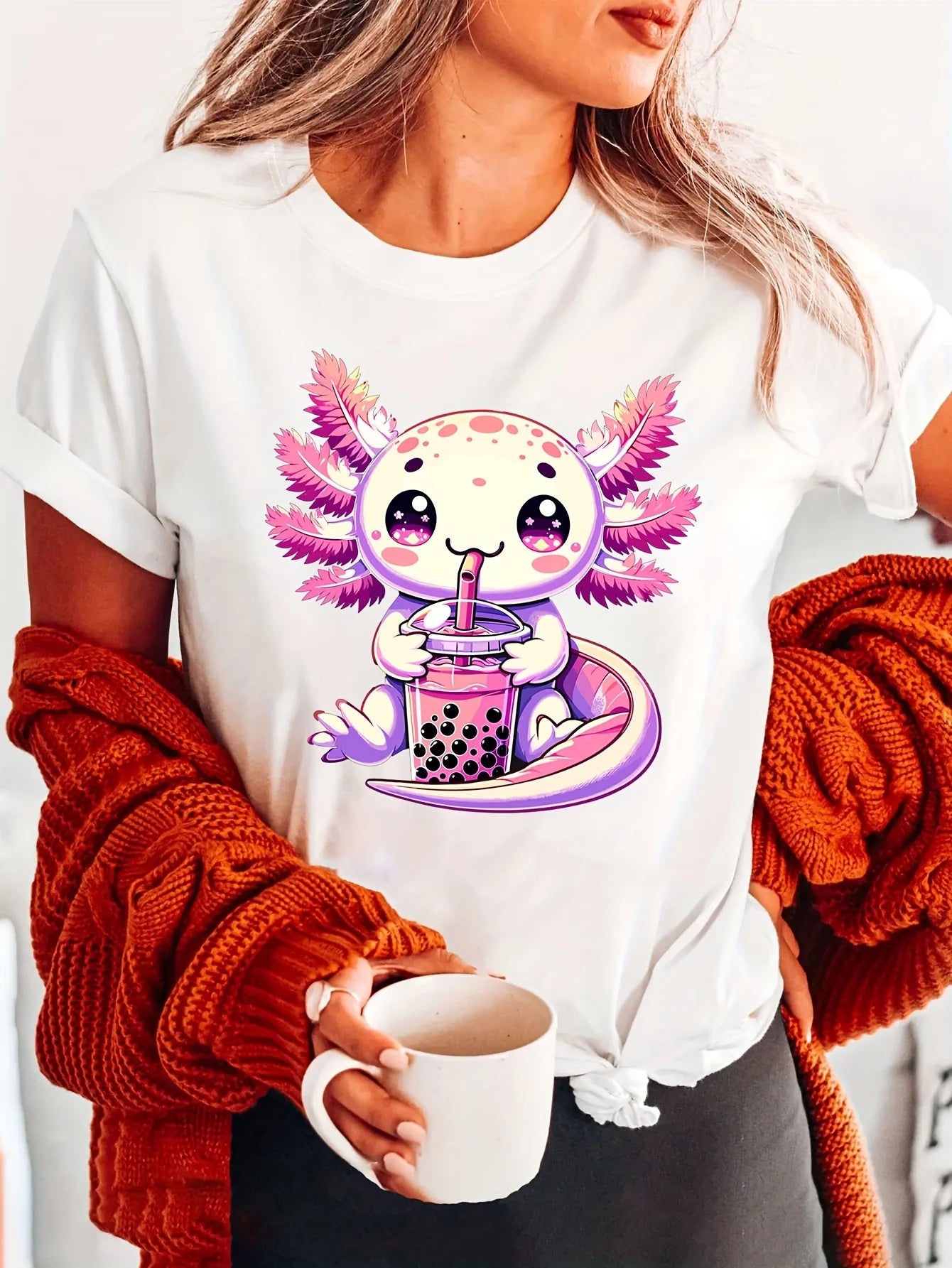 Axolotl Print Crew Neck T-shirt Short Sleeve Casual Top for Summer & Spring Women's Clothing Spring Women's Clothing