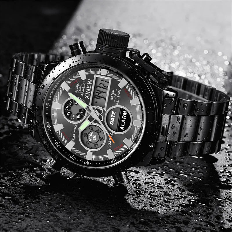Montre Homme Men Original XINEW Brand Watches Fashion Casual Alloy Band Dual Time Electronic Watch Black Relogio Masculino 2024